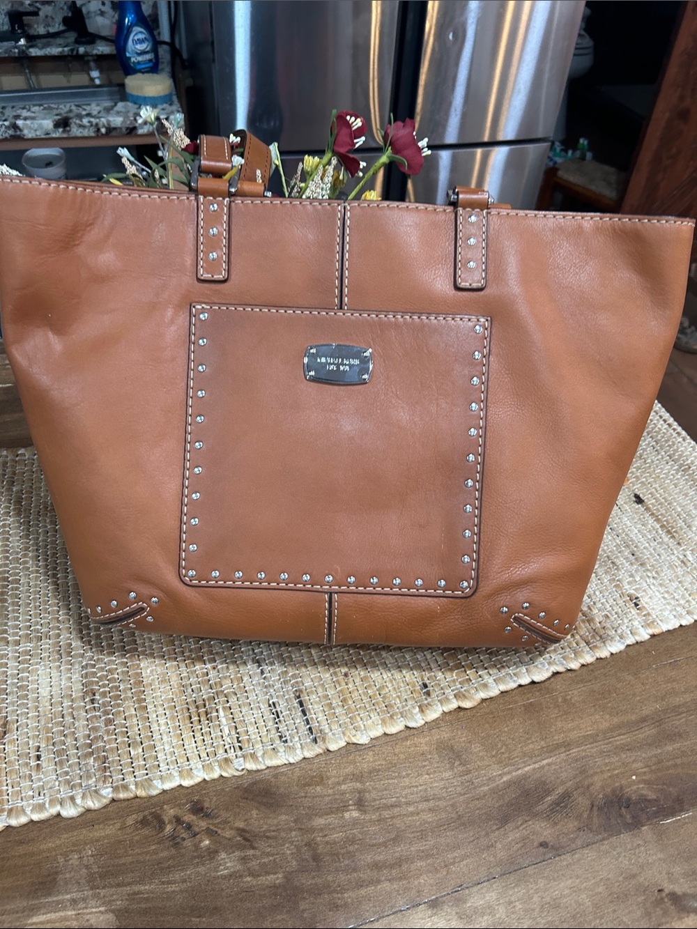 MICHAEL Michael Kors Cognac Leather Tote with Stud Trim